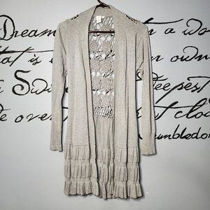Vila Milan Grey Crochet Back Open Front Long Cardigan, S